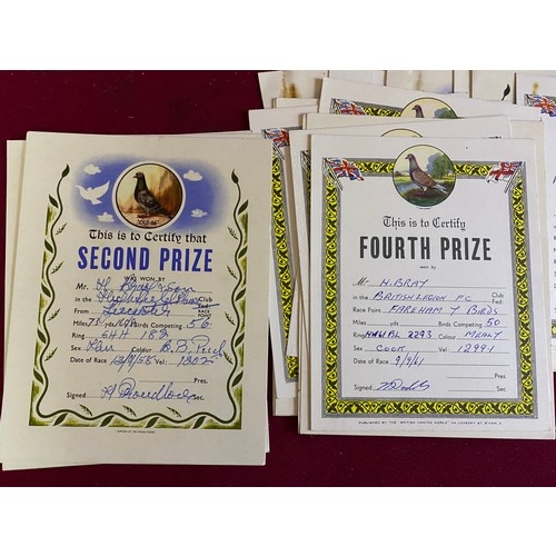 250 - Selection of 24 Pigeon prize certificates dating back to 1956.