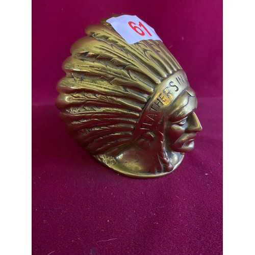 61 - Vintage brass Indian head car mascot ornament