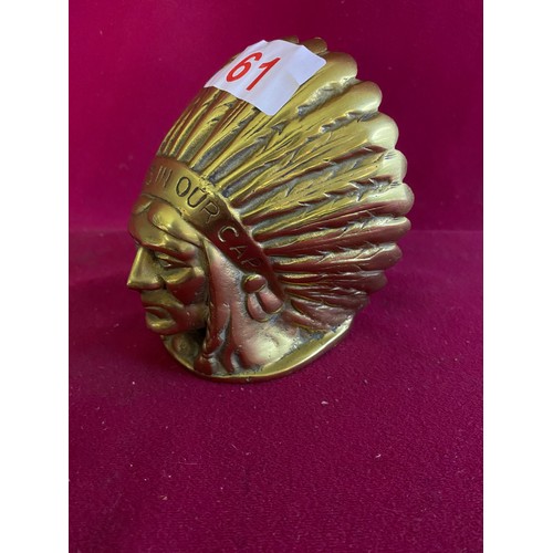 61 - Vintage brass Indian head car mascot ornament