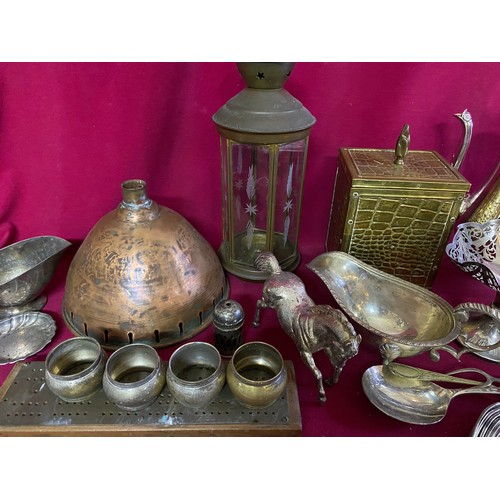 72 - Box of metalware, brass, copper and silver plate.