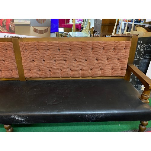 170 - Large bench seat with upholstered padded back and black vinyl padded seat. 10ft long.