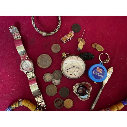 287 - Tribal necklace, services pocket watch, silver brooch, Miracle brooch, coins etc