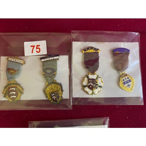 75 - 6 vintage Masonic medals, jewels with bars,  pins and ribbons.