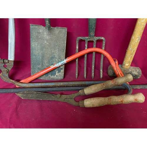 495 - Selection of tools including hammer, fork, spade, crowbars