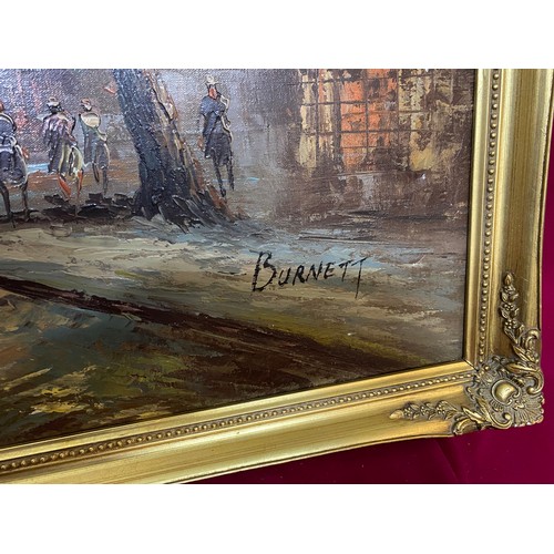 507 - Oil on Canvas by C. Burnett of Parisian scene in ornate gold frame. Measures 100x70cms.