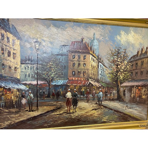 507 - Oil on Canvas by C. Burnett of Parisian scene in ornate gold frame. Measures 100x70cms.