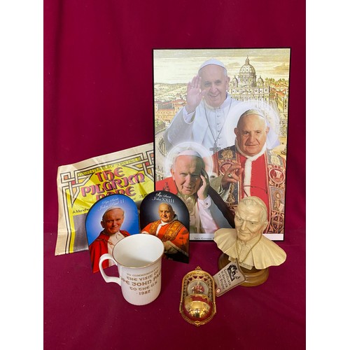 530 - Pope John Paul II marble bust, ephemera, pictures and china mugs.