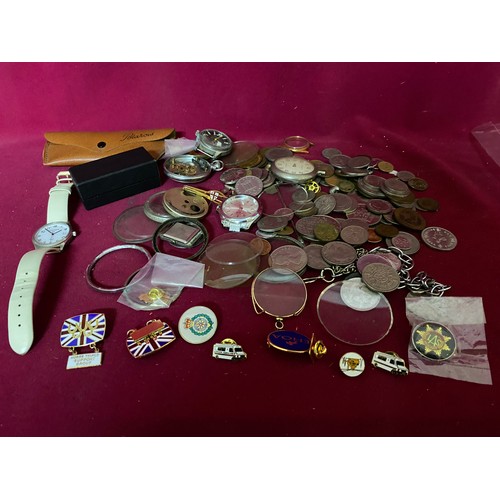 Selection of pocket watch parts, enamel badges, watches and other items.