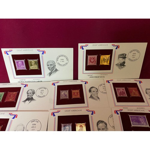 386 - Collection of Great Americans, First Day Covers with original stamps and 22ct gold stamps.