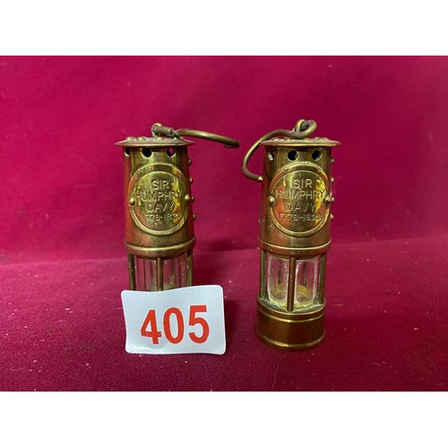 405 - Pair of vintage brass miniature miners lamps by Humphrey Davey