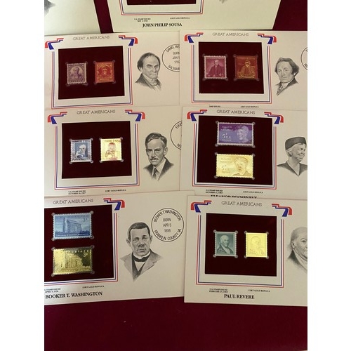 386 - Collection of Great Americans, First Day Covers with original stamps and 22ct gold stamps.