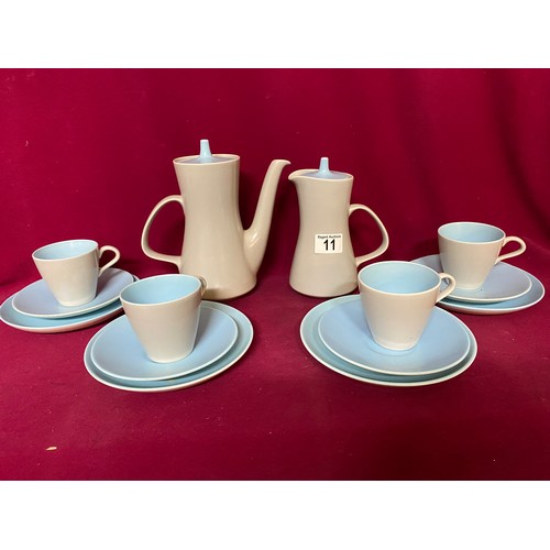 11 - Poole twin tone teaset comprising teapot, hot water jug, 4 x trios