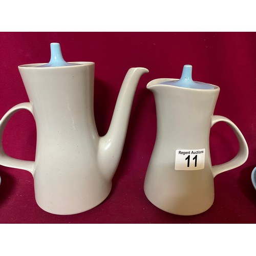 11 - Poole twin tone teaset comprising teapot, hot water jug, 4 x trios