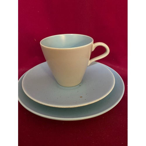 11 - Poole twin tone teaset comprising teapot, hot water jug, 4 x trios