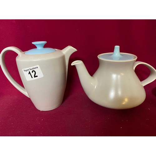 12 - Poole twin tone coffee set comprising 2 x coffee pots long and short spout and 4 x trios