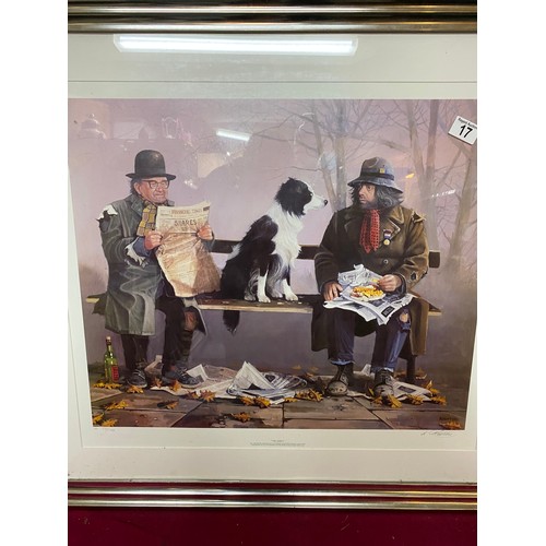 17 - A framed Larry Rushton limited edition print 'Tramps' signed and numbered 935/1000 some damage to fr... 