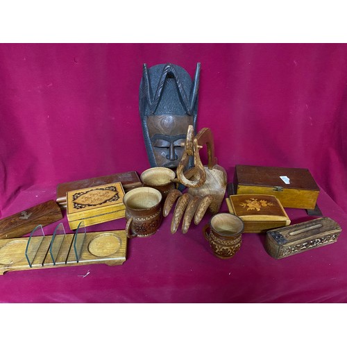 20 - Assortment of wooden ornaments including cups, jewellery boxes, mask etc