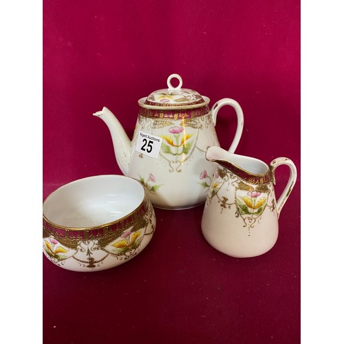 25 - Chikusa Nippon teaset comprising teapot, milk and sugar bowl and 4 x trios, nibbles to teapot spout