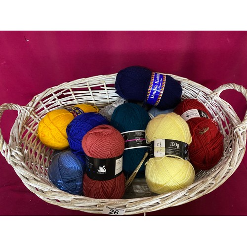 26 - Wicker basket containing 15 x 100g woollen balls of assorted colours