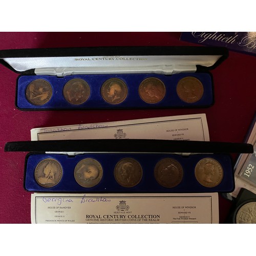 55 - Collection of coins including 2 x complete Royal Centenary Collection penny coins, Britains first de... 