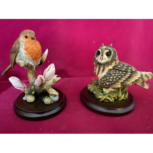 72 - 3 x Country artists figurines, 'Barn owlet pair', 'Robin with magnolia' and 'short eared owl'