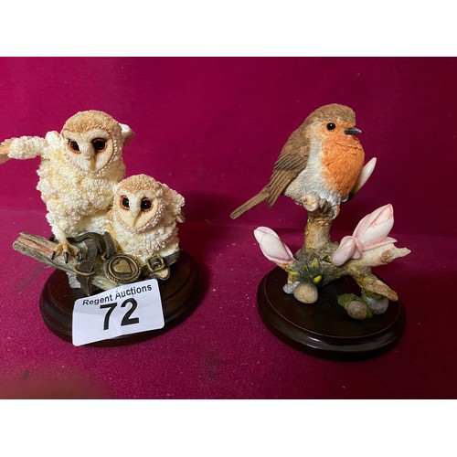 72 - 3 x Country artists figurines, 'Barn owlet pair', 'Robin with magnolia' and 'short eared owl'