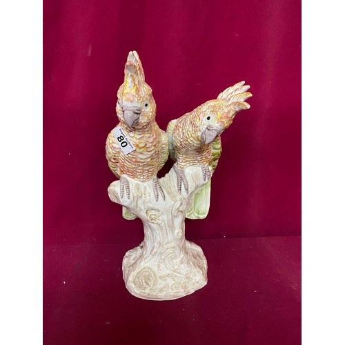 80 - Porcelain figurine of pair of cockatoo's on branch standing 36 cms tall