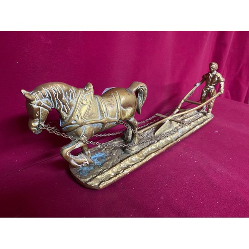 91 - Brass ornament of Shire horse pulling a plough measuring 44 cms long