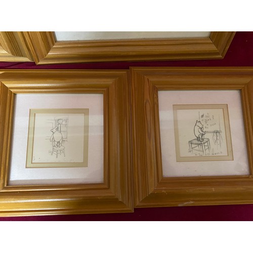 372 - Collection of 5 x Pooh Bear pictures in pine frames, 4 pencil drawings and 1 coloured