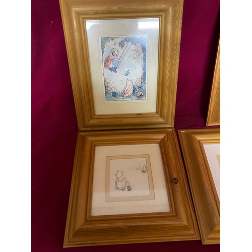 372 - Collection of 5 x Pooh Bear pictures in pine frames, 4 pencil drawings and 1 coloured