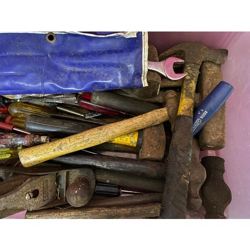 321 - Boxed selection of tools, hammers, plane, spanners etc