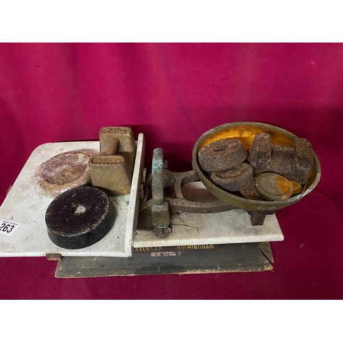 263 - Roberval-type counter scales, made by W. & T. Avery Ltd, Birmingham with selection of weights