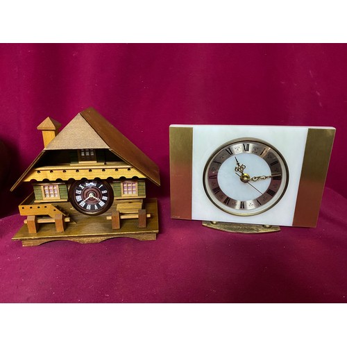 299 - Vintage Smiths wooden mechanical mantle clock, Coral 60's mantle clock and Swiss Chalet clock.