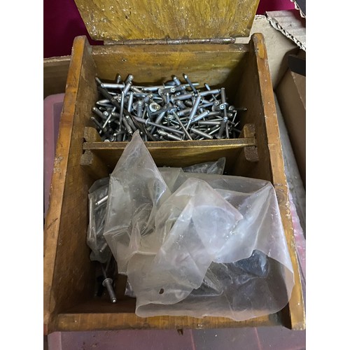 398 - Selection of boxed tools including drill bits, washers, rivots, soldering iron, chisels