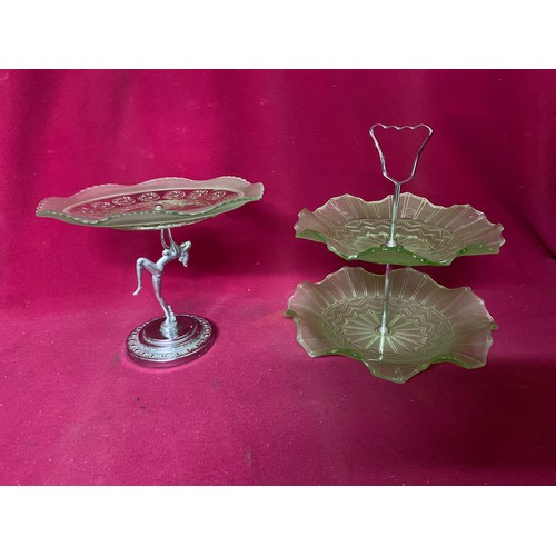 412 - 2 Art Deco green glass Cake Stands.