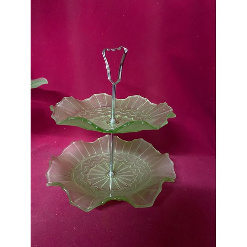 412 - 2 Art Deco green glass Cake Stands.