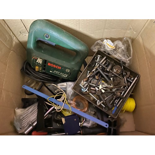 447 - Box of tools including a jigsaw, drill bits and a toolbox containing drill bits, nails, screws etc