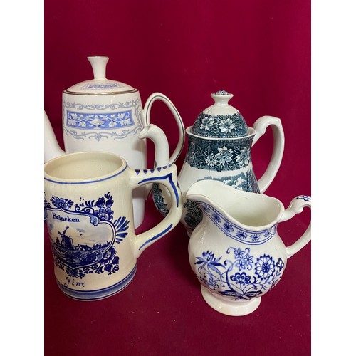 97 - Collection of blue and white vintage china, makes including Shelley coffee pot, Delff, Royal Tudorwa... 