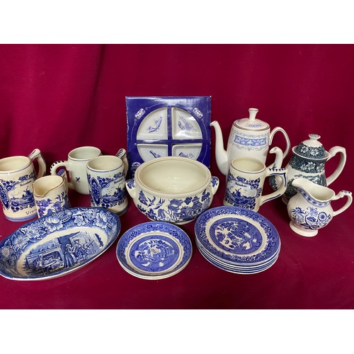 97 - Collection of blue and white vintage china, makes including Shelley coffee pot, Delff, Royal Tudorwa... 