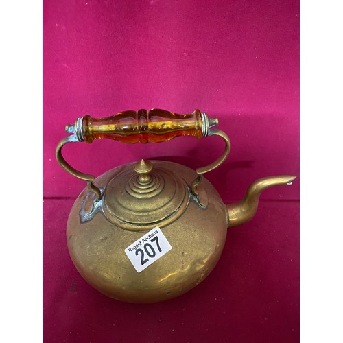 207 - Vintage brass kettle with amber coloured glass handle