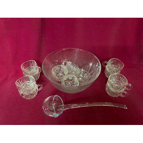 392 - Vintage glass punch bowl with ladle and 12 matching cups