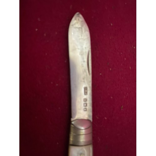 136 - Sterling Silver fruit knife with decorative shell handle.