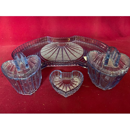 176 - Art Deco blue glass dressing table set.