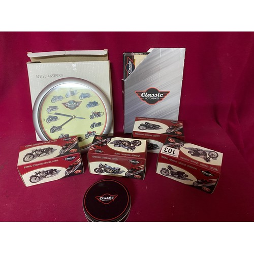 103 - Collection of diecast motorcycles, clocks and coasters.