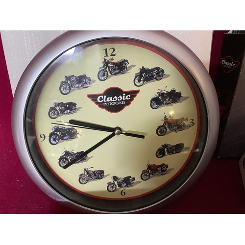 103 - Collection of diecast motorcycles, clocks and coasters.