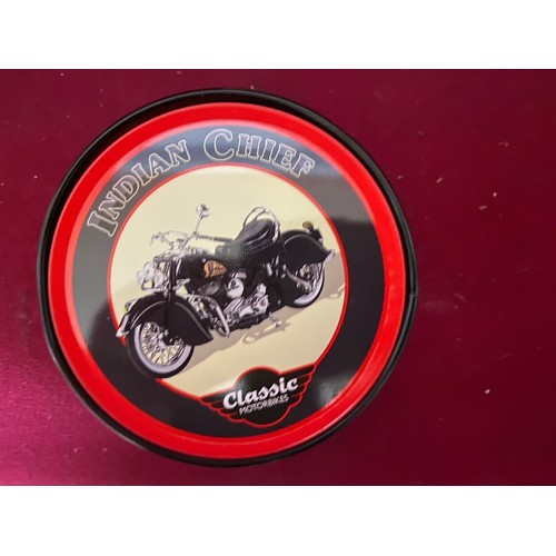 103 - Collection of diecast motorcycles, clocks and coasters.