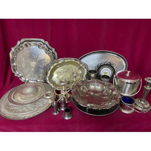 164 - Box of metalware including trays, candlesticks and Ice Bucket.