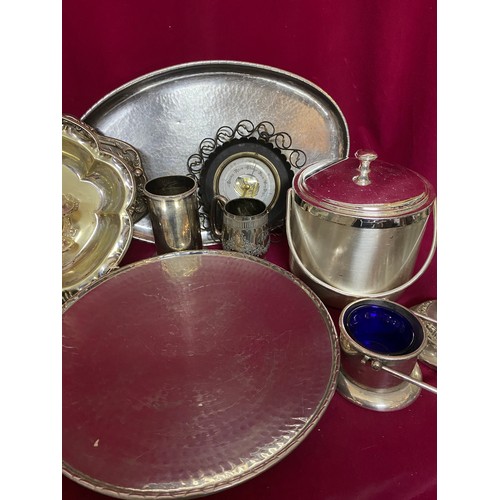 164 - Box of metalware including trays, candlesticks and Ice Bucket.