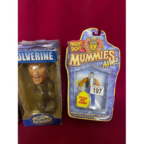 197 - 3 boxes of figurines including Wolverine, World of Warriors Gunnar, Mummies Alive Ja Kal