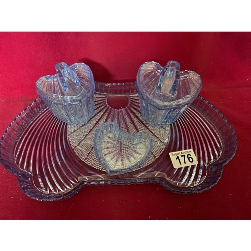 176 - Art Deco blue glass dressing table set.